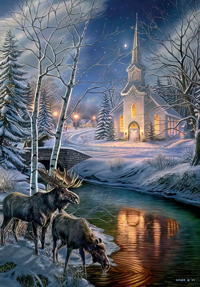 Moose couple by snowy river across from church at night