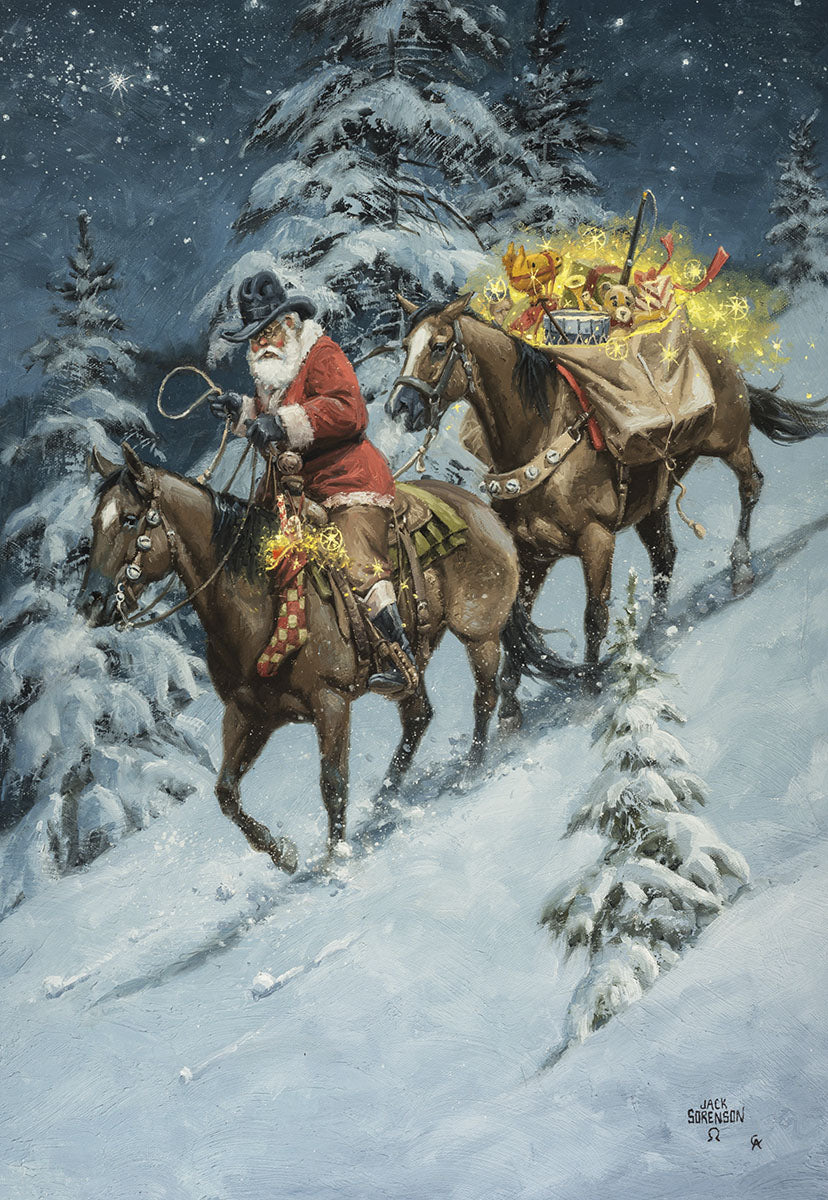 Cowboy Santa Riding Through Snowy Woods Christmas Card