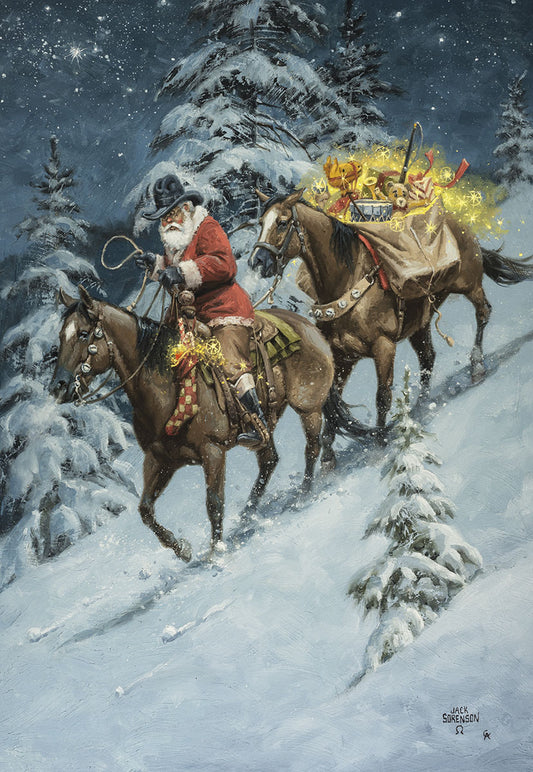 Cowboy Santa Riding Through Snowy Woods Christmas Card