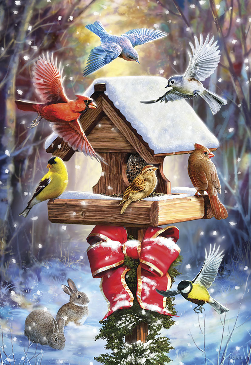 Christmas Birdfeeder with Birds Boxed Glitter Cards