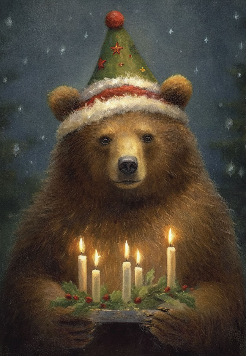 Bear with Christmas Hat Holding Candles Boxed Glitter Cards