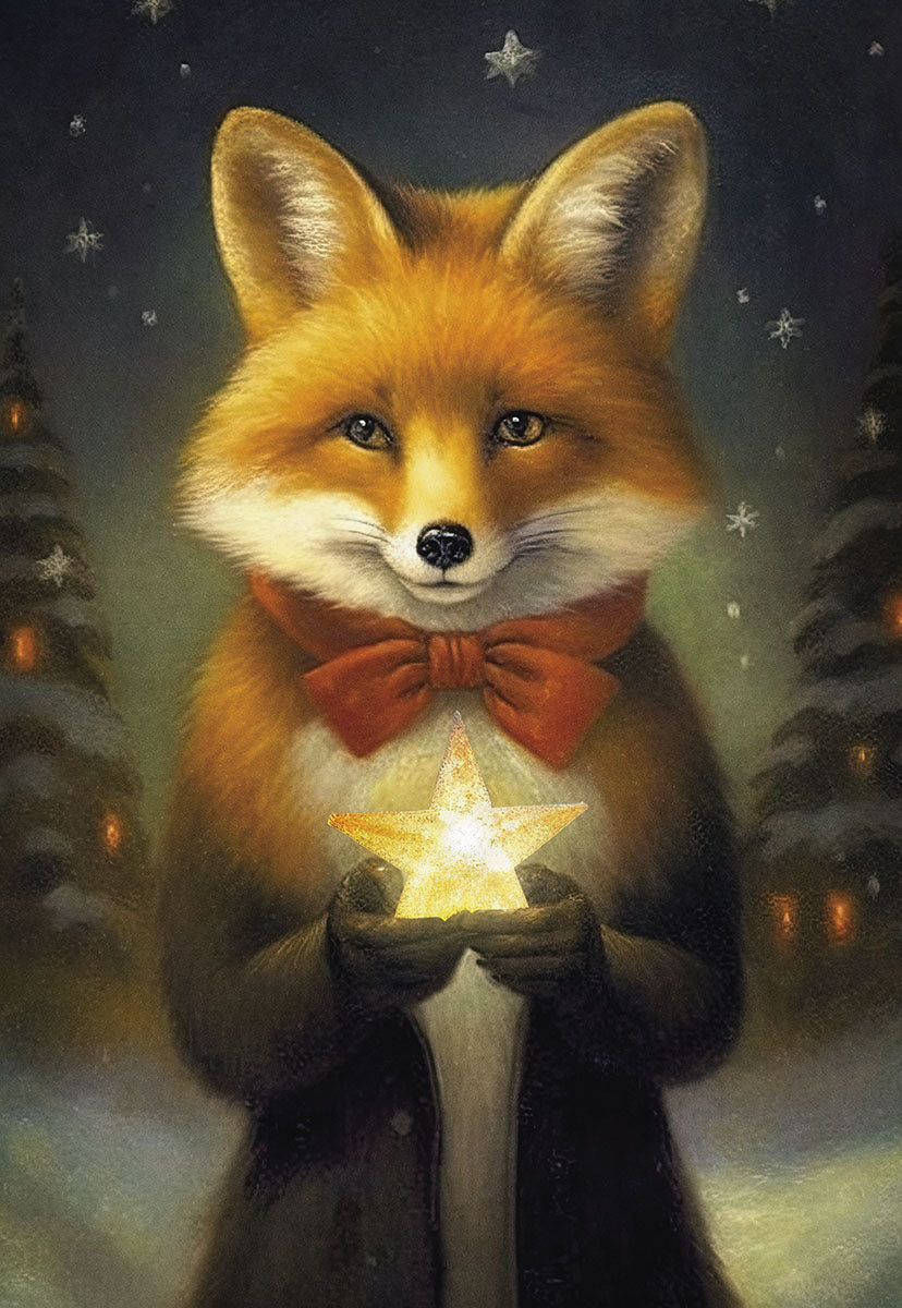 Fox Wearing Red Bowtie Holding Star Boxed Christmas Cards