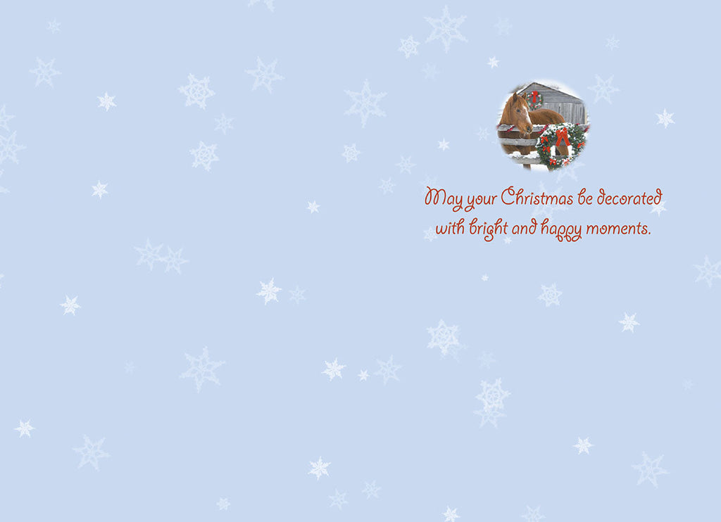 Inside of a festive greeting card with a light blue snowflake background, a small circular inset image of the horse from the front cover, and the printed message: 'May your Christmas be decorated with bright and happy moments.'
