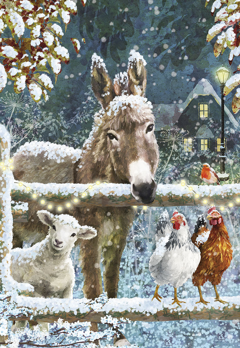 Donkey Lamb Chickens by Snowy Fence Boxed Christmas Cards