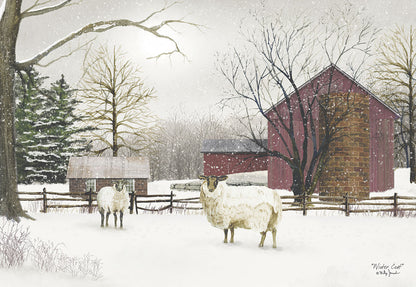 Sheep in Snowy Field with Red Barn Christmas Card