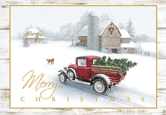 Truck Carrying Tree Merry Christmas Card Single