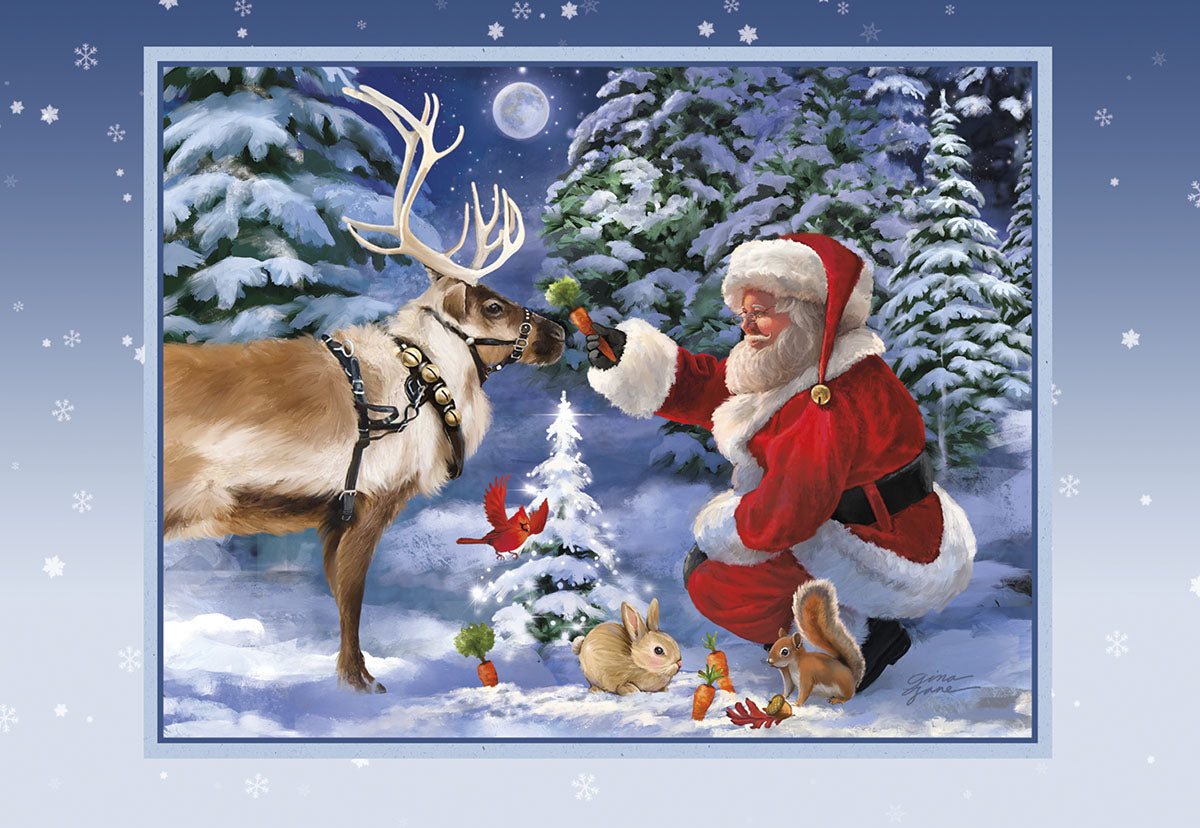 Santa Feeding Carrot to Reindeer Boxed Christmas Cards