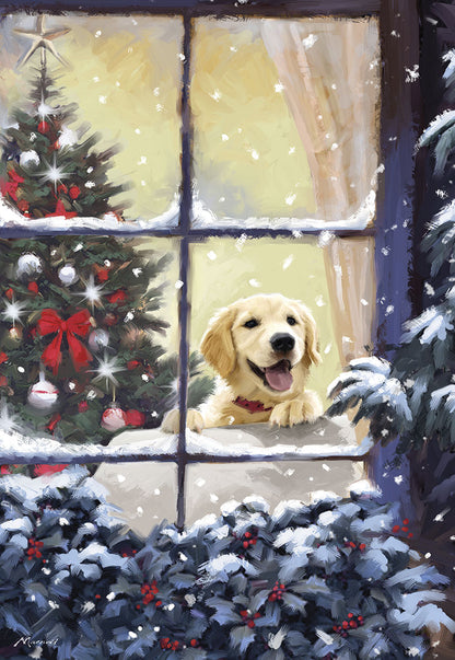 Yellow Lab Looking out Window Boxed Christmas Glitter Cards