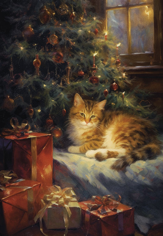 Cat Under Christmas Tree Christmas Card Single