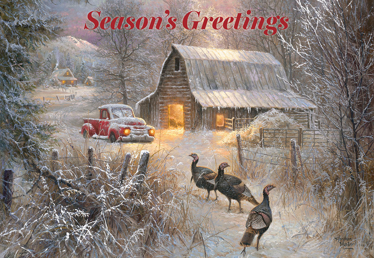 Season's Greetings Turkeys Barn and Truck Christmas Card