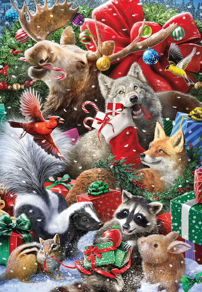 Fun and Festive Wildlife Opening Presents Christmas Card