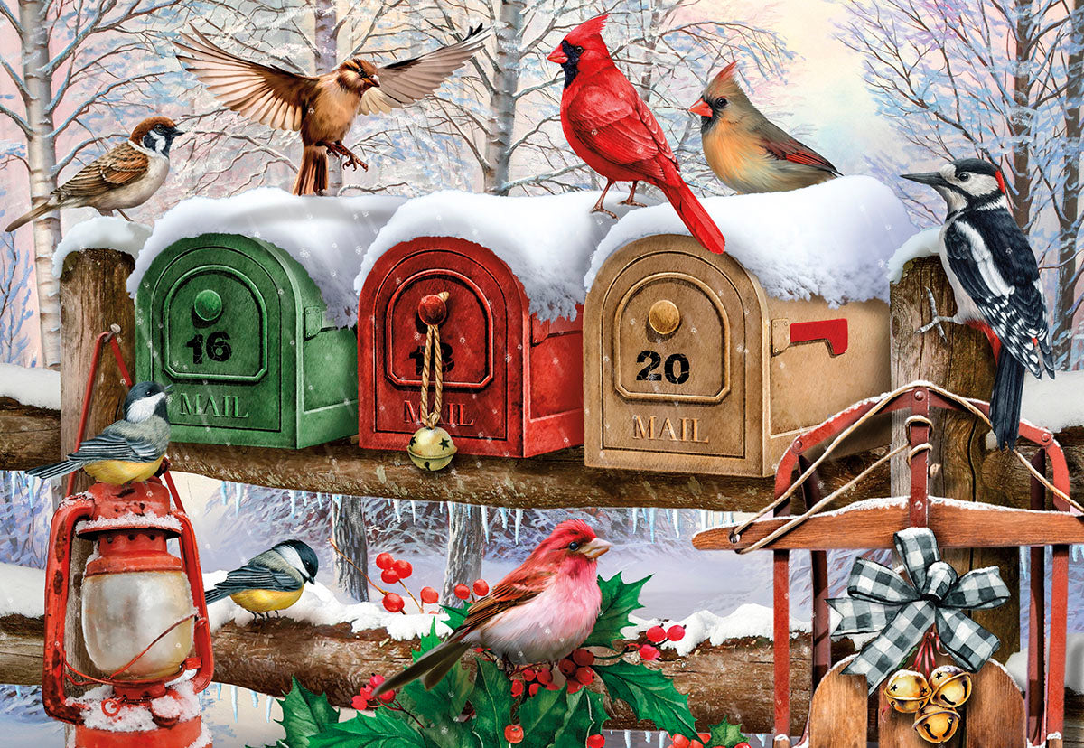 Birds on Colorful, Snowy Mailboxes Christmas Card