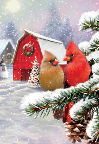 Cardinals on Snowy Branch by Red Barn Christmas Card