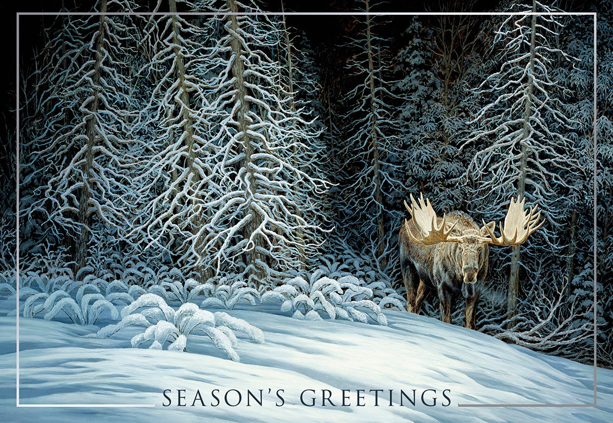 Season's Greetings Moose in Snowy Forest Christmas Card