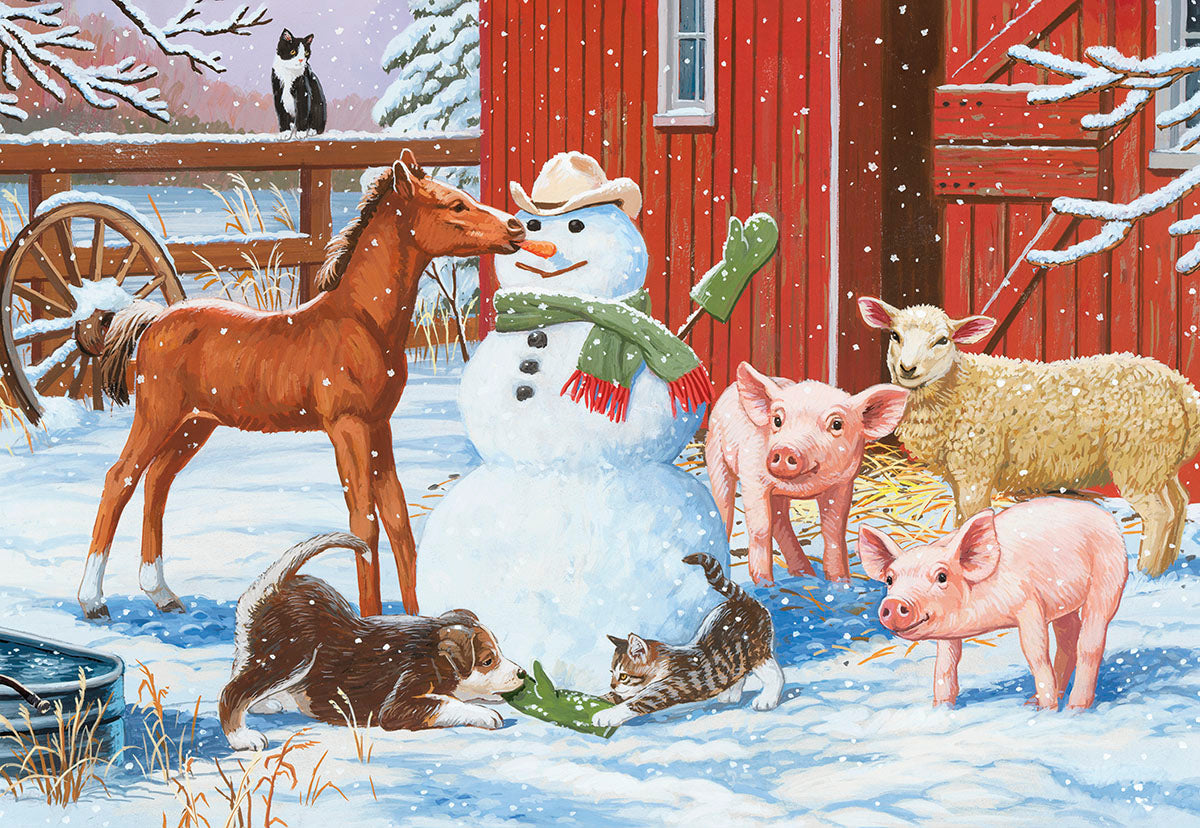 Farm Animals Play with Snowman Christmas Card