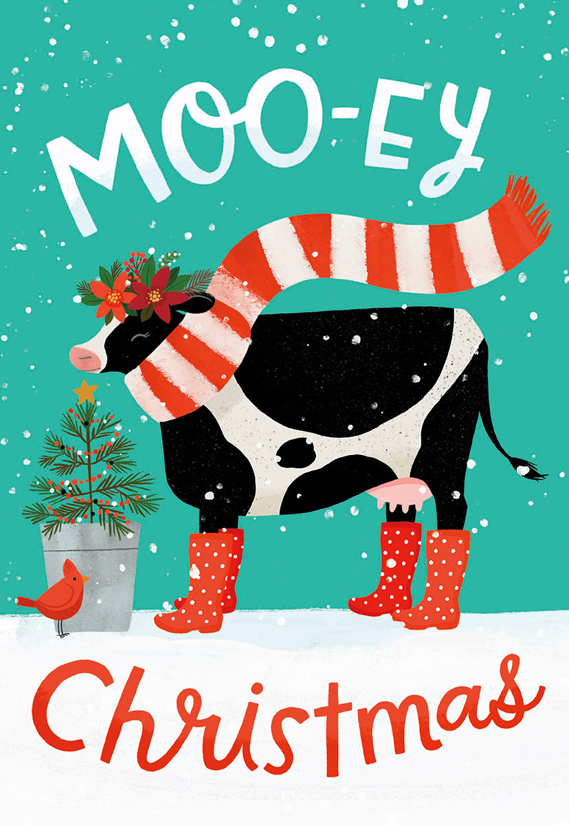 Moo-ey Christmas Cute Cow Wearing Clothes Christmas Card