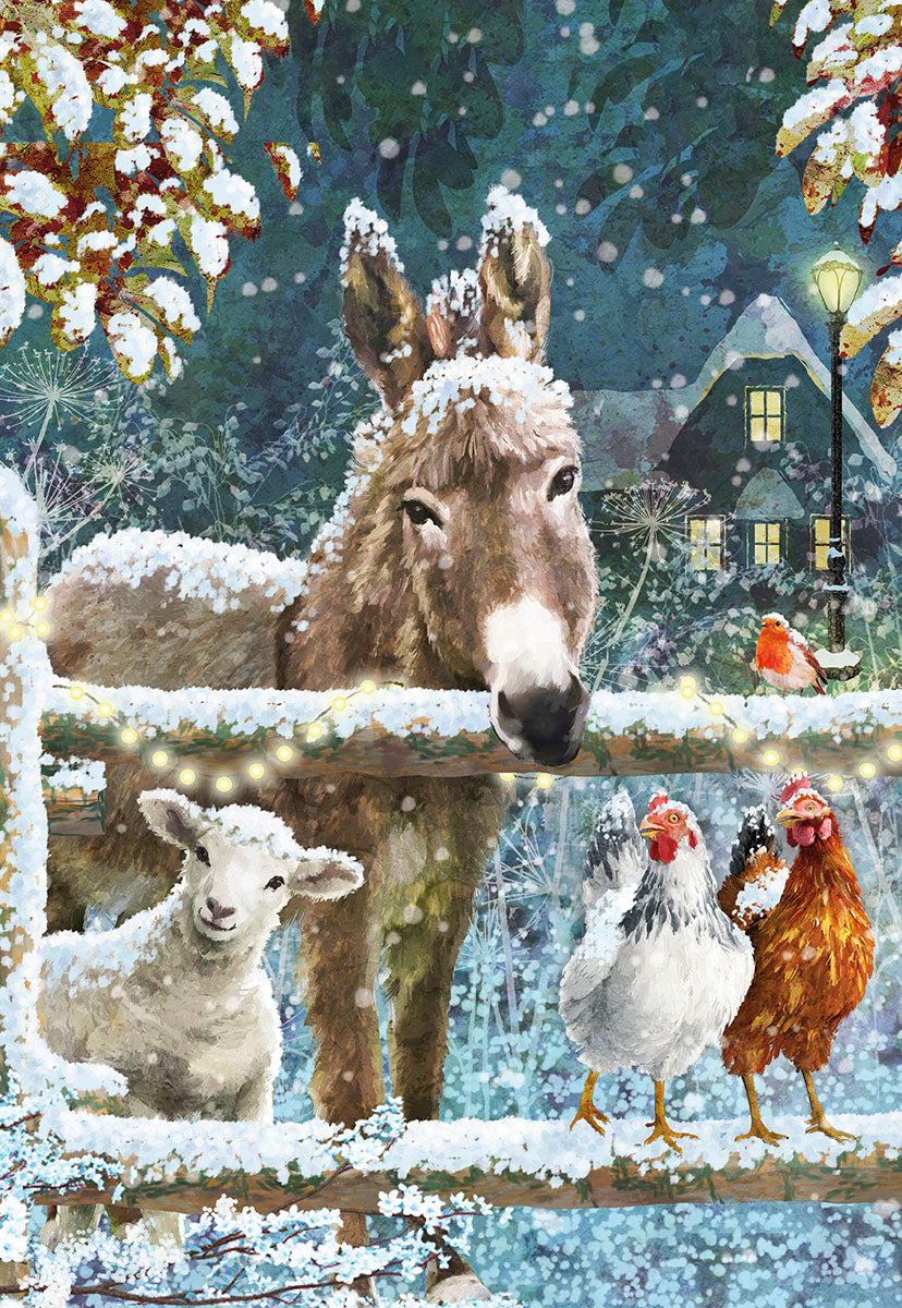 Charming winter greeting card with a snow-dusted donkey, fluffy lamb, and cheerful chickens by a rustic fence, evoking a peaceful holiday farm scene.