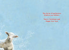 Inside of a joyful holiday greeting card featuring a sweet lamb peeking from the corner and a heartfelt message: 'May the joy of togetherness brighten your holidays. Merry Christmas and Happy New Year'.