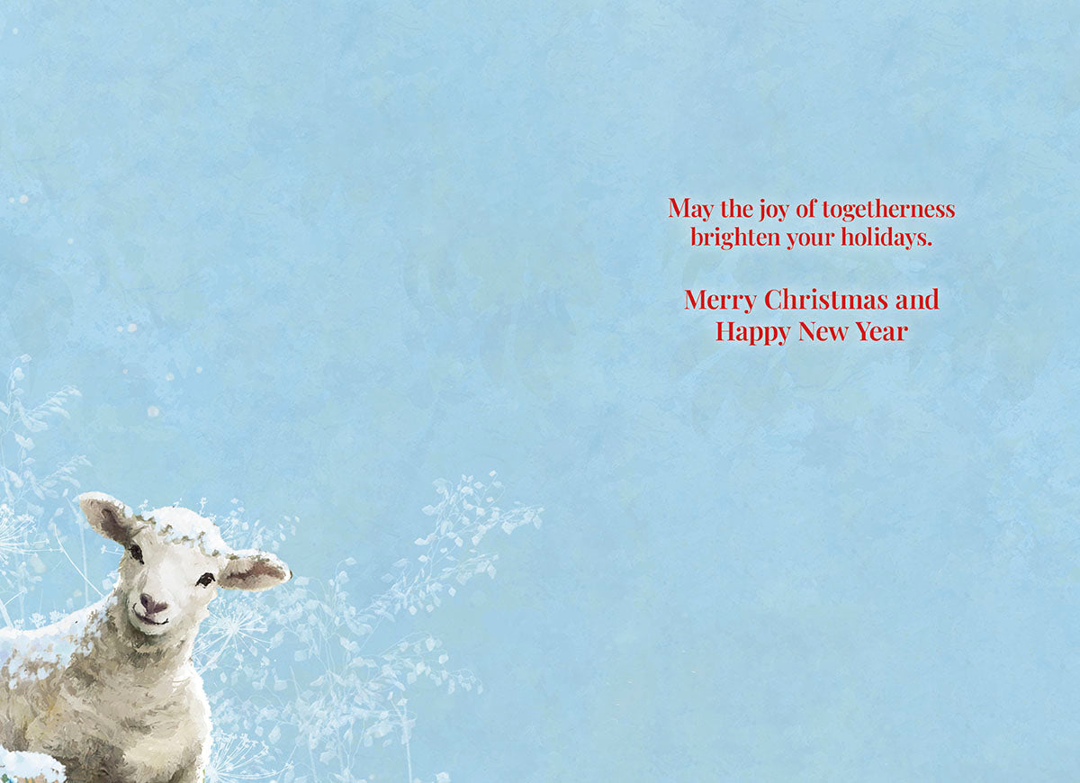 Inside of a joyful holiday greeting card featuring a sweet lamb peeking from the corner and a heartfelt message: 'May the joy of togetherness brighten your holidays. Merry Christmas and Happy New Year'.