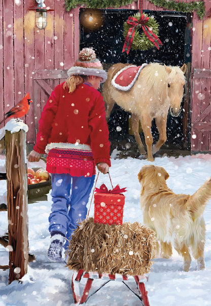 Girl with Sled, Dog, and Barn with Horse Christmas Card