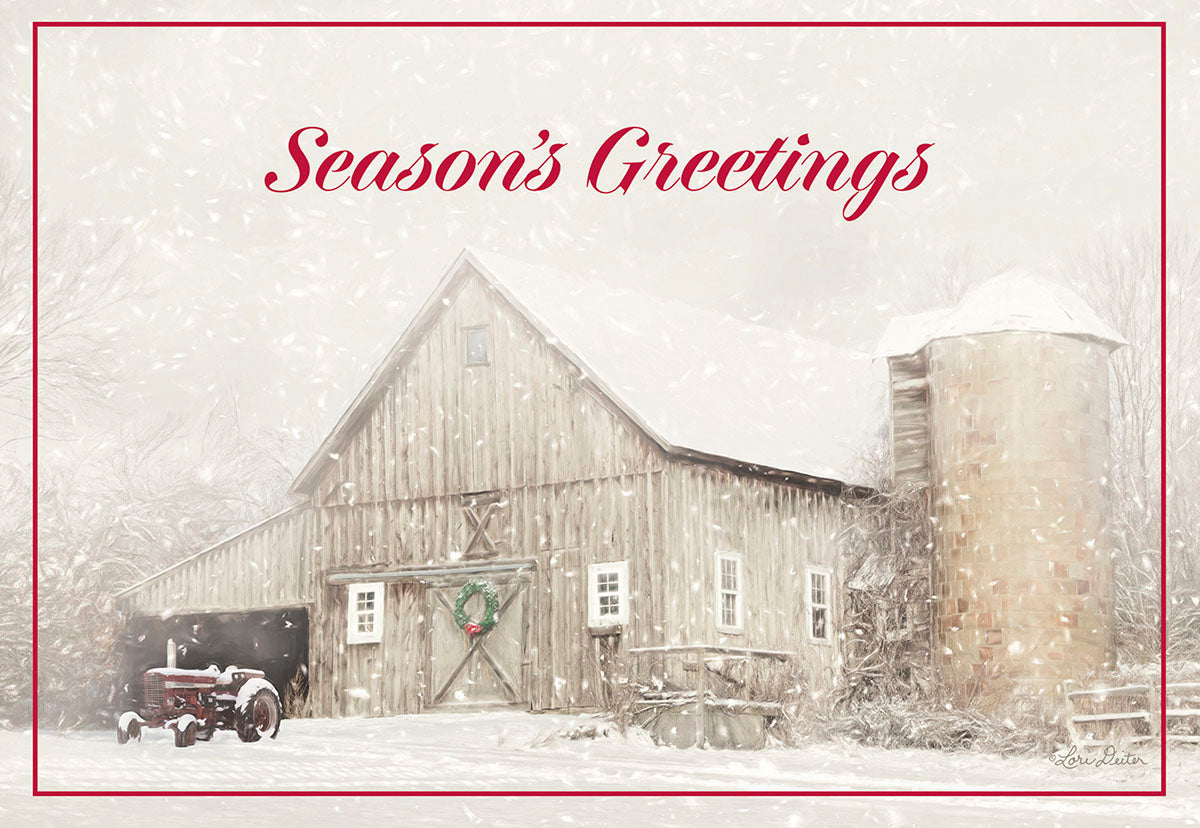 Season's Greetings Snowy Vintage Barn Christmas Card