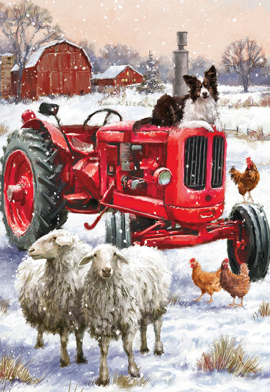 Vintage Tractor Sheep, Dog and Chickens Christmas Card