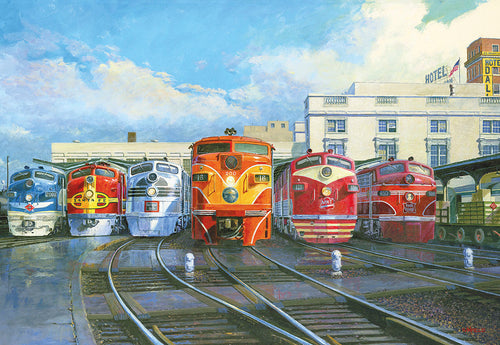 Vibrant painting of six historic Dallas Streamliner trains, including iconic diesel locomotives like the Texas Eagle and Kansas Cityan, lined up on tracks outside Dallas Union Station under a bright, cloudy sky, showcasing American railroad history.