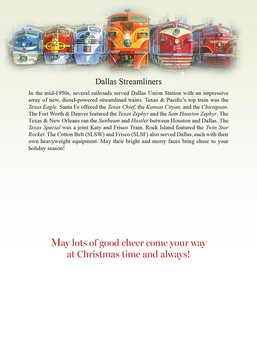 Inside view of a Christmas greeting card featuring a header illustration of six vintage Dallas Streamliner trains, with text describing their history and a heartfelt holiday message: 'May lots of good cheer come your way at Christmas time and always!'.