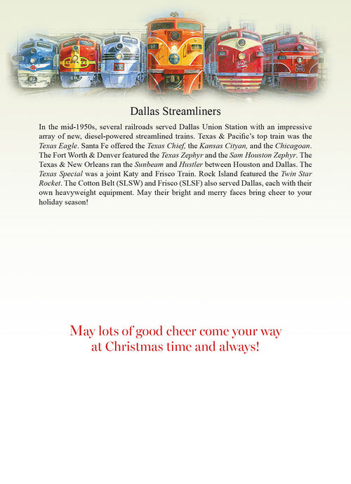 Inside view of a Christmas greeting card featuring a header illustration of six vintage Dallas Streamliner trains, with text describing their history and a heartfelt holiday message: 'May lots of good cheer come your way at Christmas time and always!'.