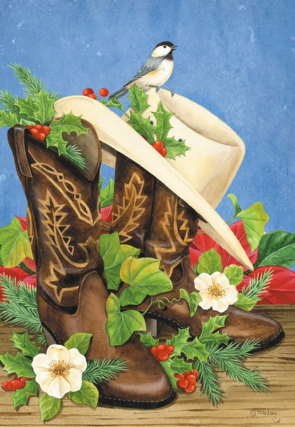 Cowboy Boots Wearing Hat with Holiday Foliage Christmas Card