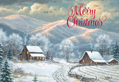 Snowy Cabins and Fields Against Mountains Christmas Card