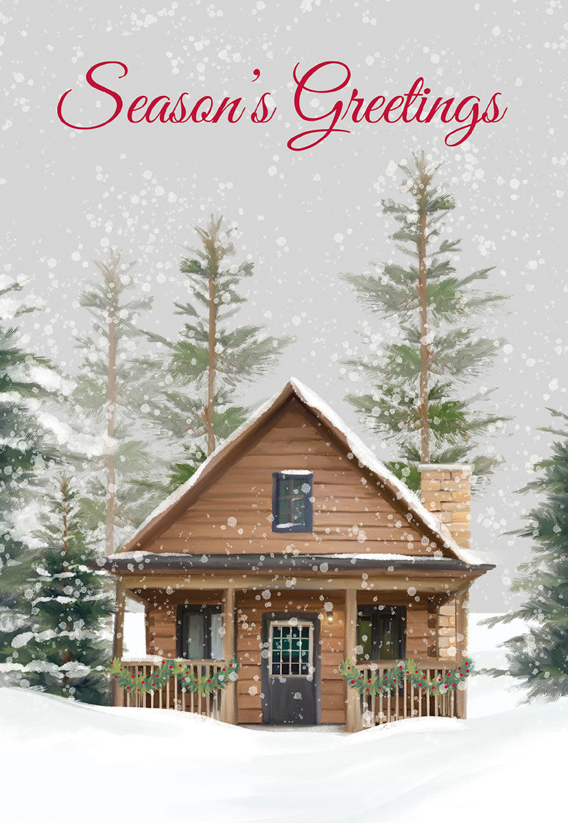 Season's Greetings Snowy Log Cabin Christmas Card