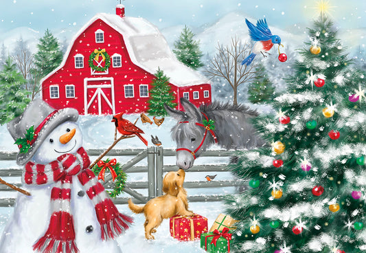 Holiday Greetings Snowman with Animals and Barn Christmas Card