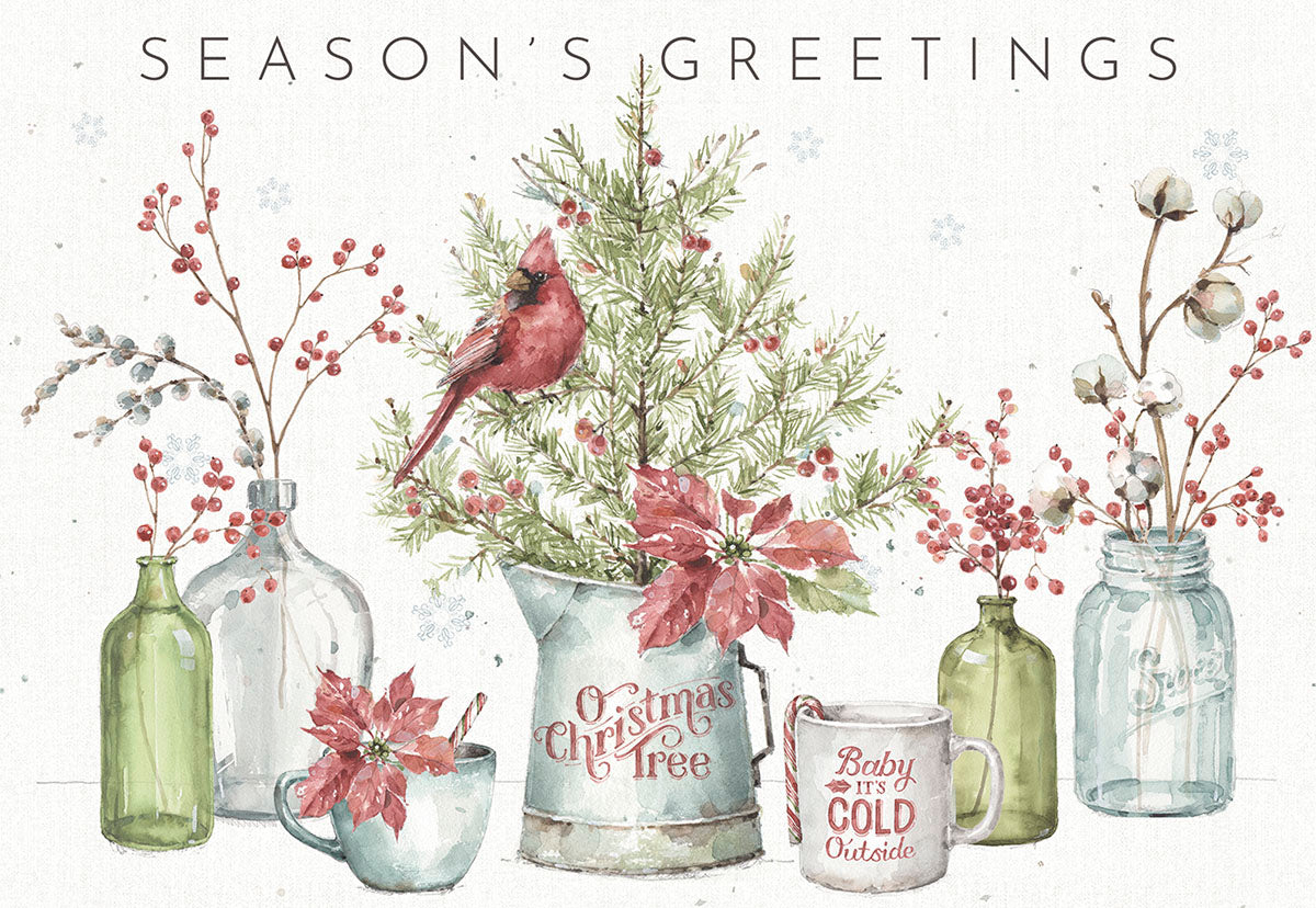 Season's Greetings Holiday Foliage in Vases Christmas Card