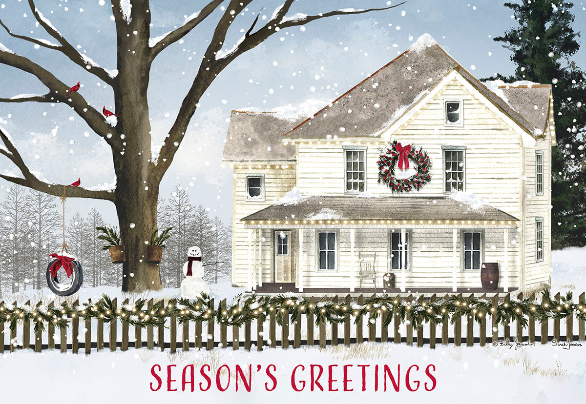 Season's Greetings White Farmhouse with Wreath Christmas Card