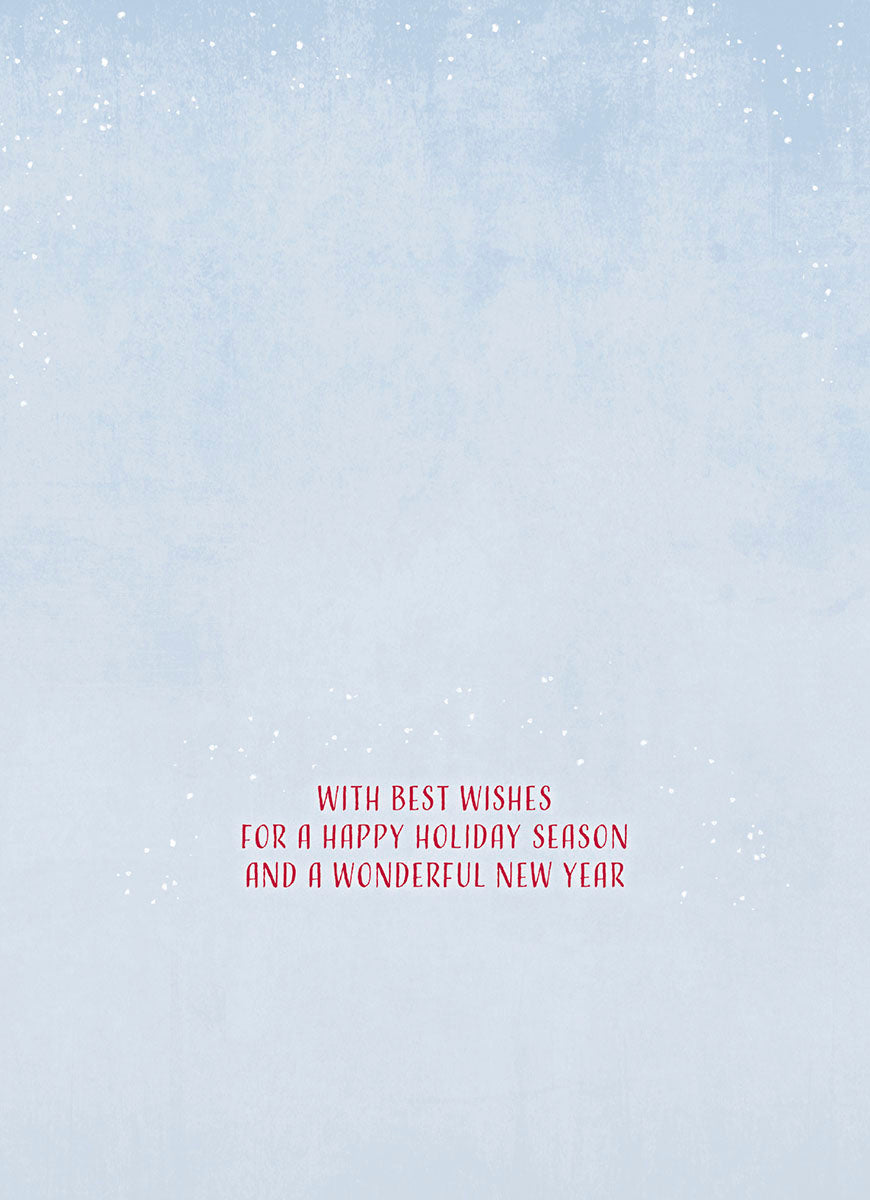 Inside of a serene holiday card, featuring a light blue background with subtle white speckles, displaying the heartfelt red text: "WITH BEST WISHES FOR A HAPPY HOLIDAY SEASON AND A WONDERFUL NEW YEAR."