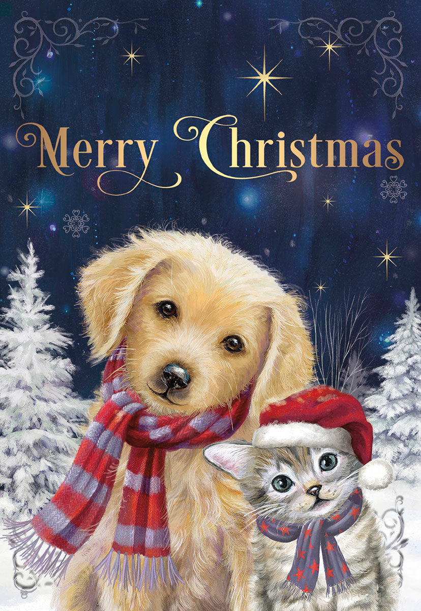 Merry Christmas Puppy and Kitten with Scarves Christmas Card