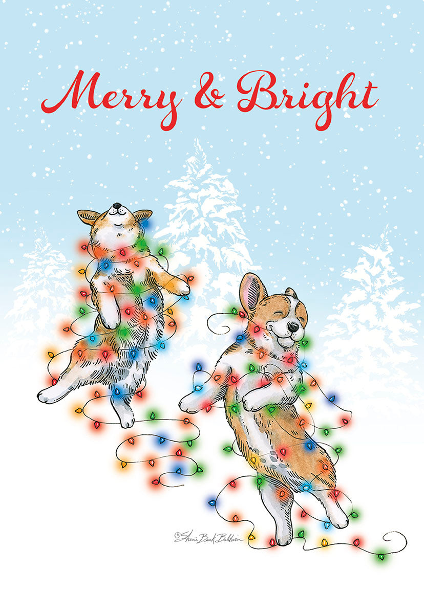 Merry and Bright Dogs Wrapped in Lights Christmas Card