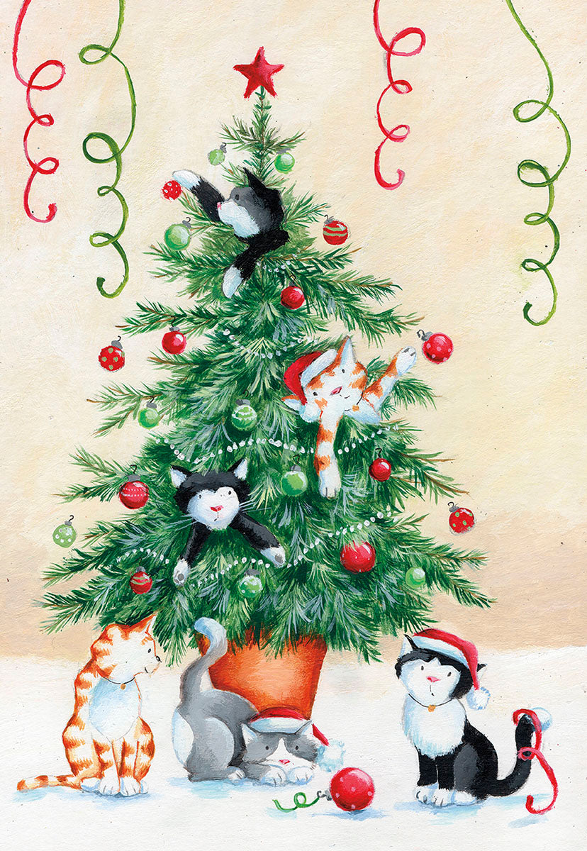 Happy Days Funny Cats Playing in Tree Christmas Card