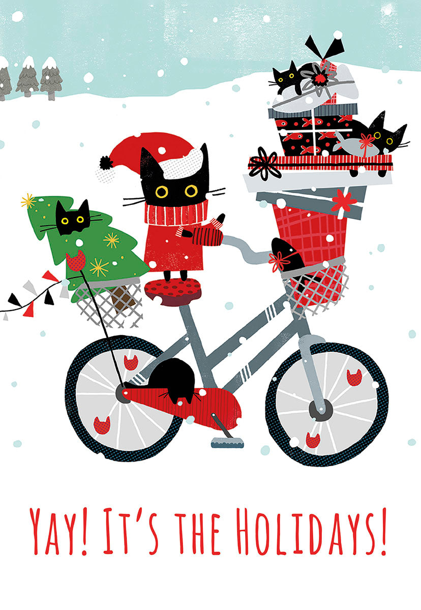 Yay! Funny Santa Cats On Bicycle Christmas Card