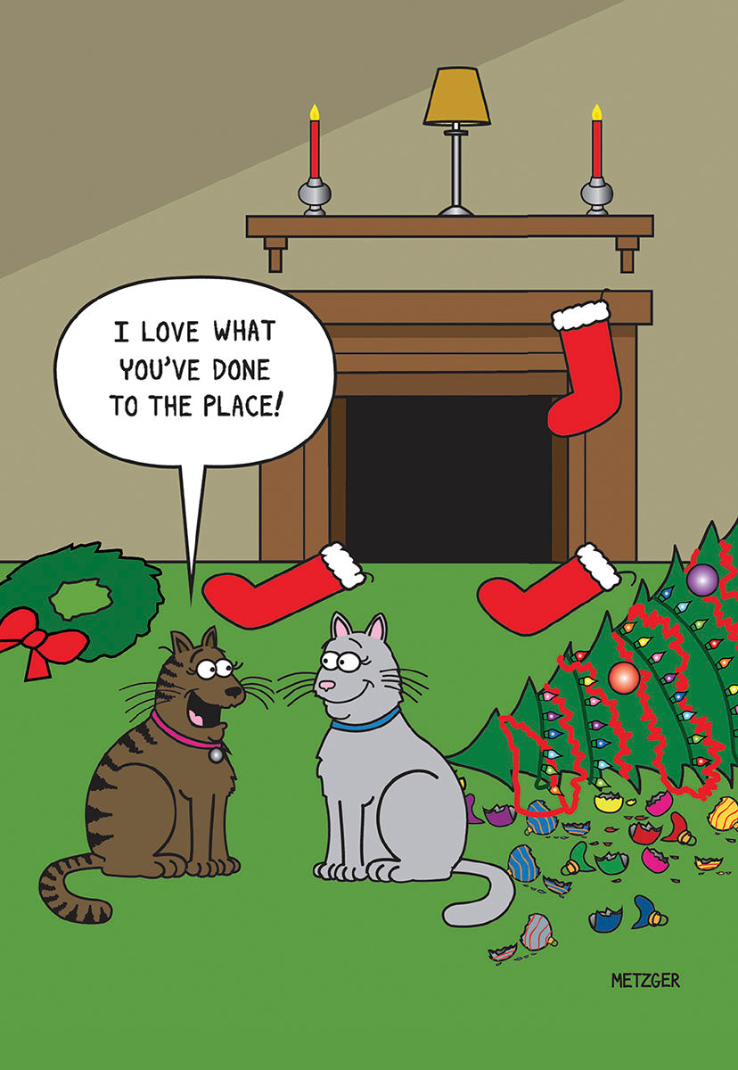 Merry Cats-mas Funny Cartoon Cats in House Christmas Card