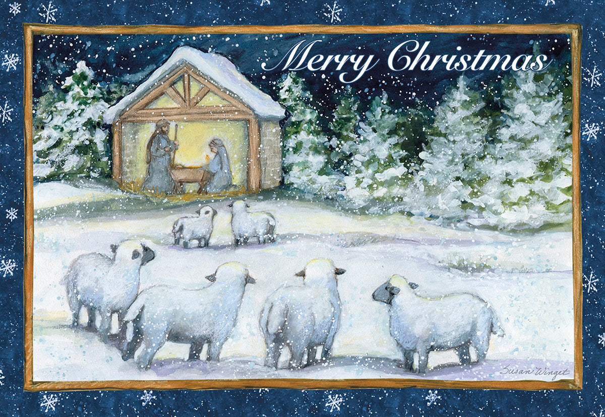 Sheep Outside Snowy Nativity Scene Christmas Card