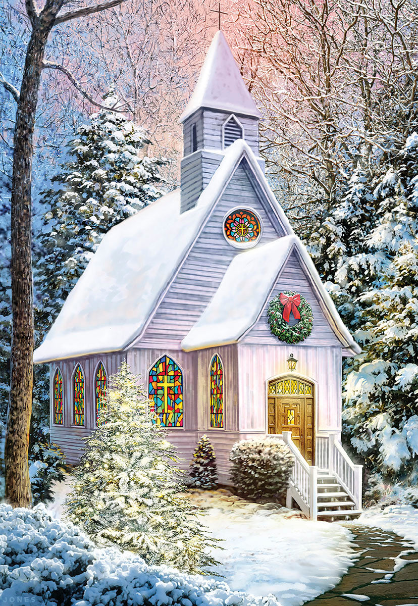 Heavenly Peace Snowy Church in Woods Christmas Card