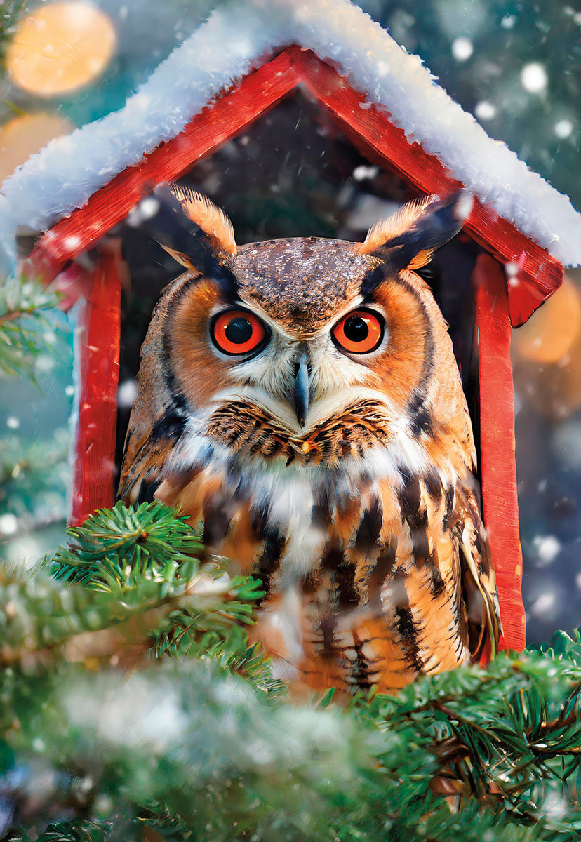 Close-up of a majestic long-eared owl with bright orange eyes, perched inside a snow-dusted red birdhouse, surrounded by vibrant green pine branches and falling snow. Captures a serene winter nature scene.