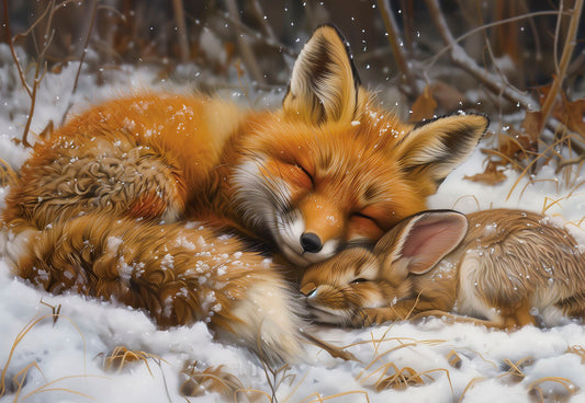 Fox & Bunny Snuggling In The Snow Christmas Card Single