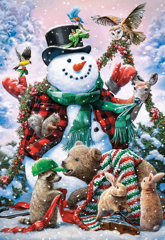 Snowman Surrounded Wildlife Christmas Card Single
