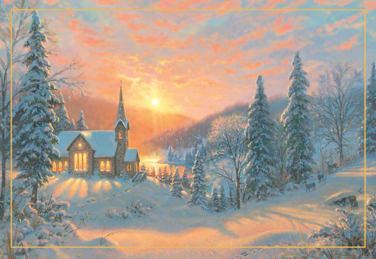 Church In Wintery Pasture At Sunrise Christmas Card Single