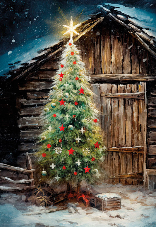 Decorated Xmas Tree Outside By Barn Christmas Card Single