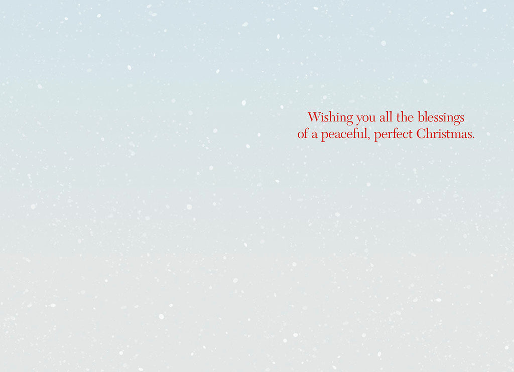Inside view of a greeting card with a soft, snowy white and blue gradient background, featuring heartfelt red text that reads: 'Wishing you all the blessings of a peaceful, perfect Christmas.'