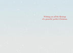 Inside view of a greeting card with a soft, snowy white and blue gradient background, featuring heartfelt red text that reads: 'Wishing you all the blessings of a peaceful, perfect Christmas.'